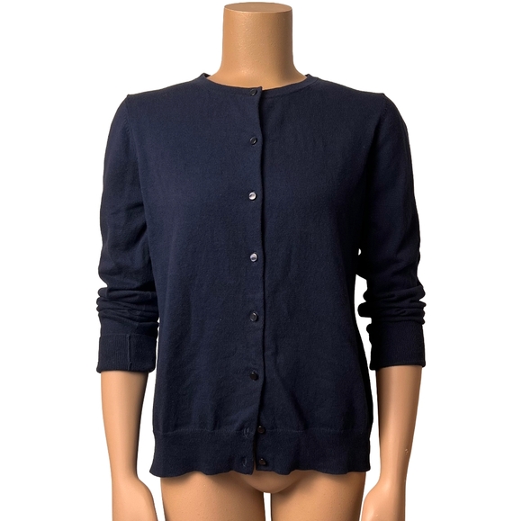 ANN TAYLOR Cotton Navy Blue Crewneck Button Up Lightweight Cardigan - Size L - Picture 1 of 12